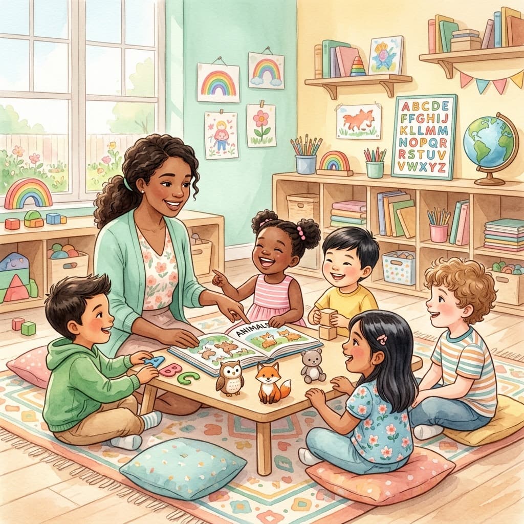 Ilustración de una educadora acompañando actividades de lenguaje con niños y niñas