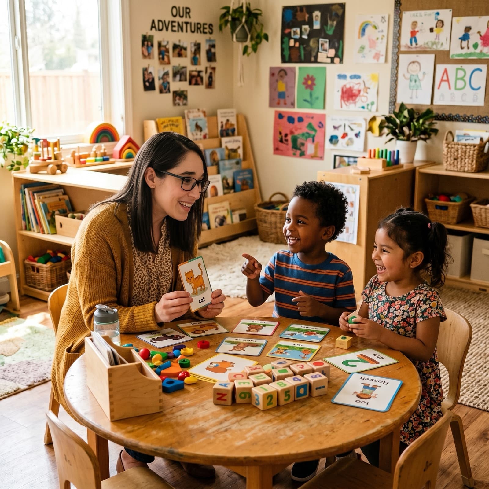 Educadora y fonoaudióloga realizando estimulación del lenguaje a niños preescolares con juegos educativos
