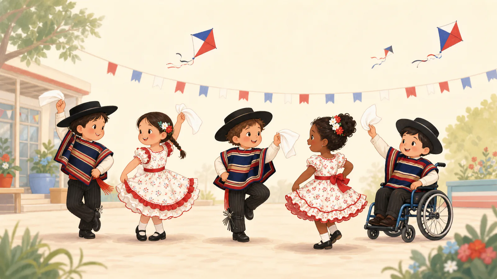 Niños y niñas celebrando Fiestas Patrias y bailando cueca en un patio escolar